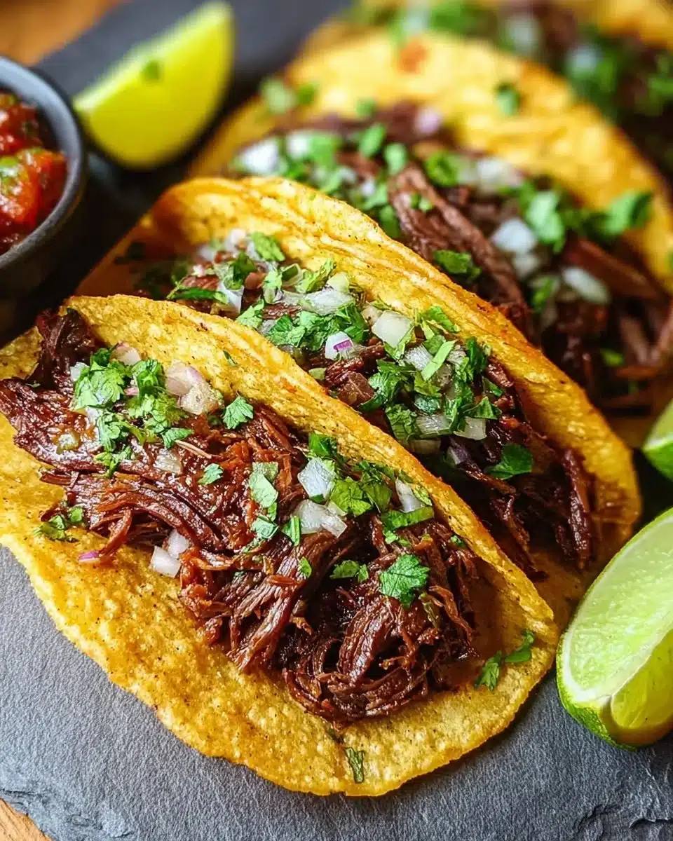 Delicious chuck roast tacos served with fresh toppings and salsa