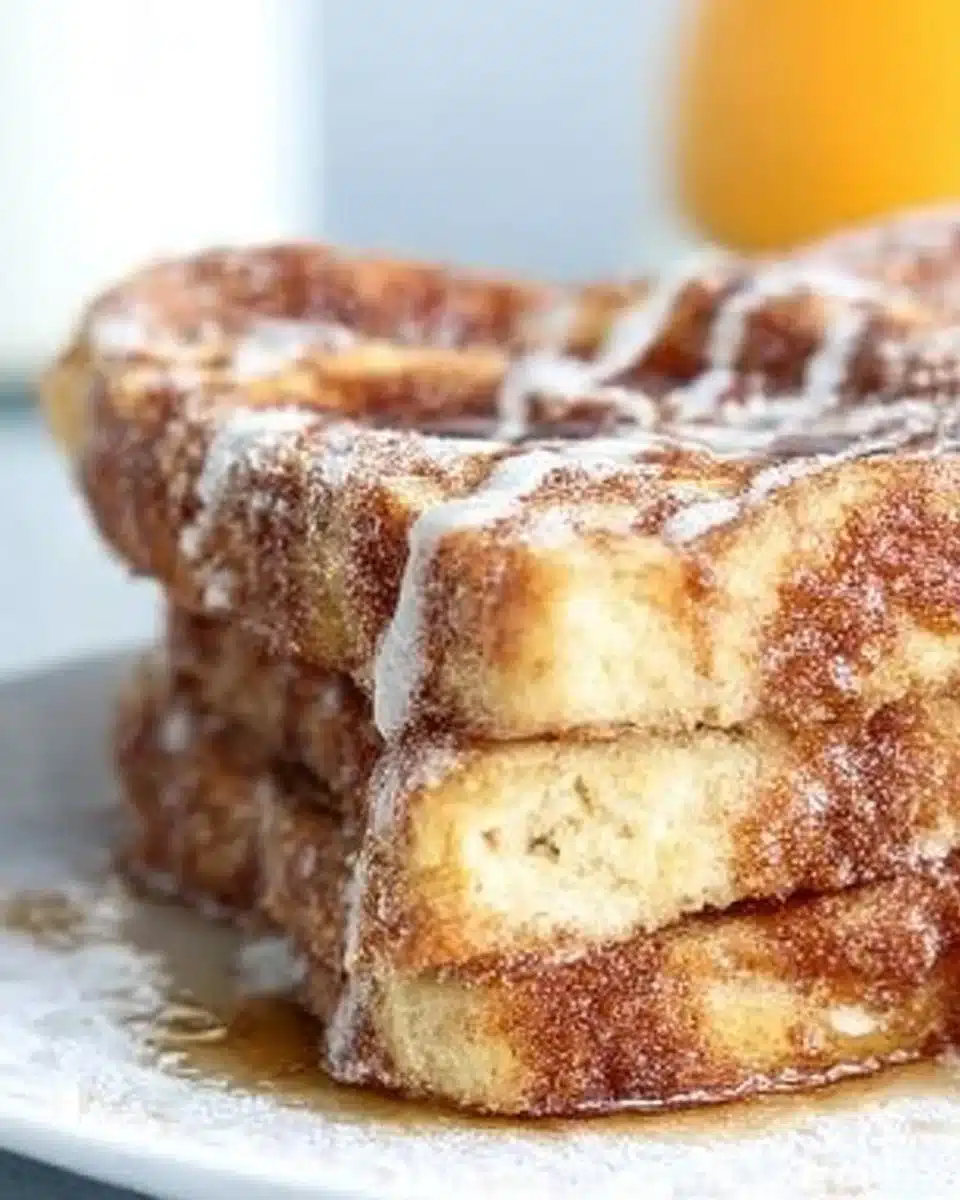 Churro French Toast topped with cinnamon and sugar, served on a plate