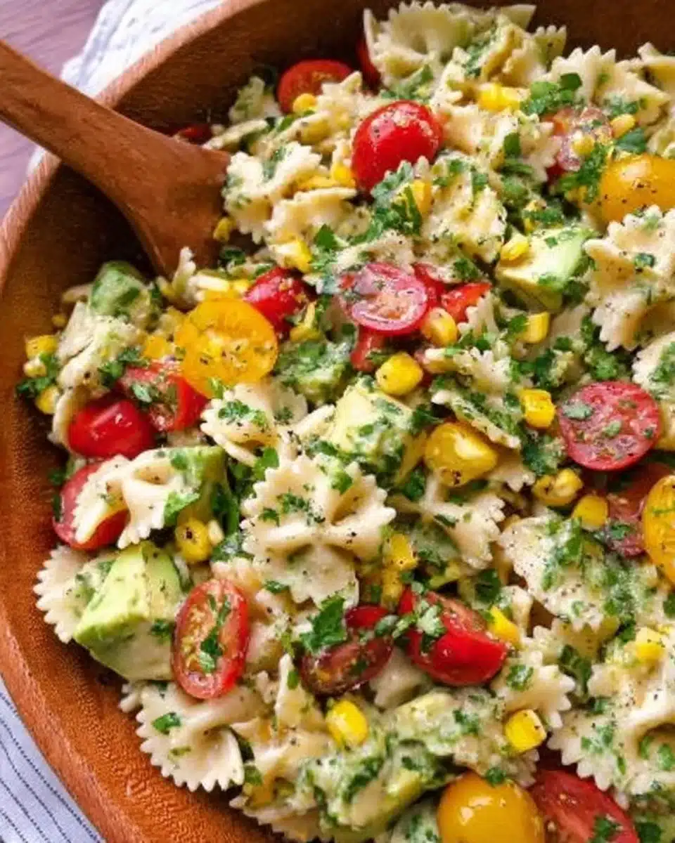 A refreshing Cilantro Lime Pasta Salad with vibrant ingredients and colors.