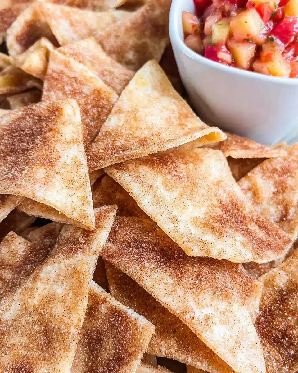 Homemade cinnamon sugar tortilla chips topped with cinnamon and sugar.