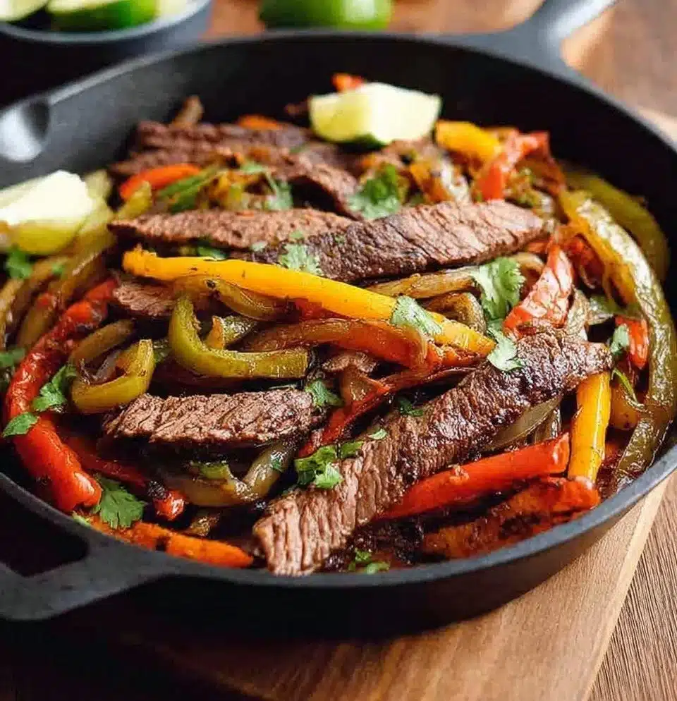 Delicious classic steak fajitas served with peppers and onions
