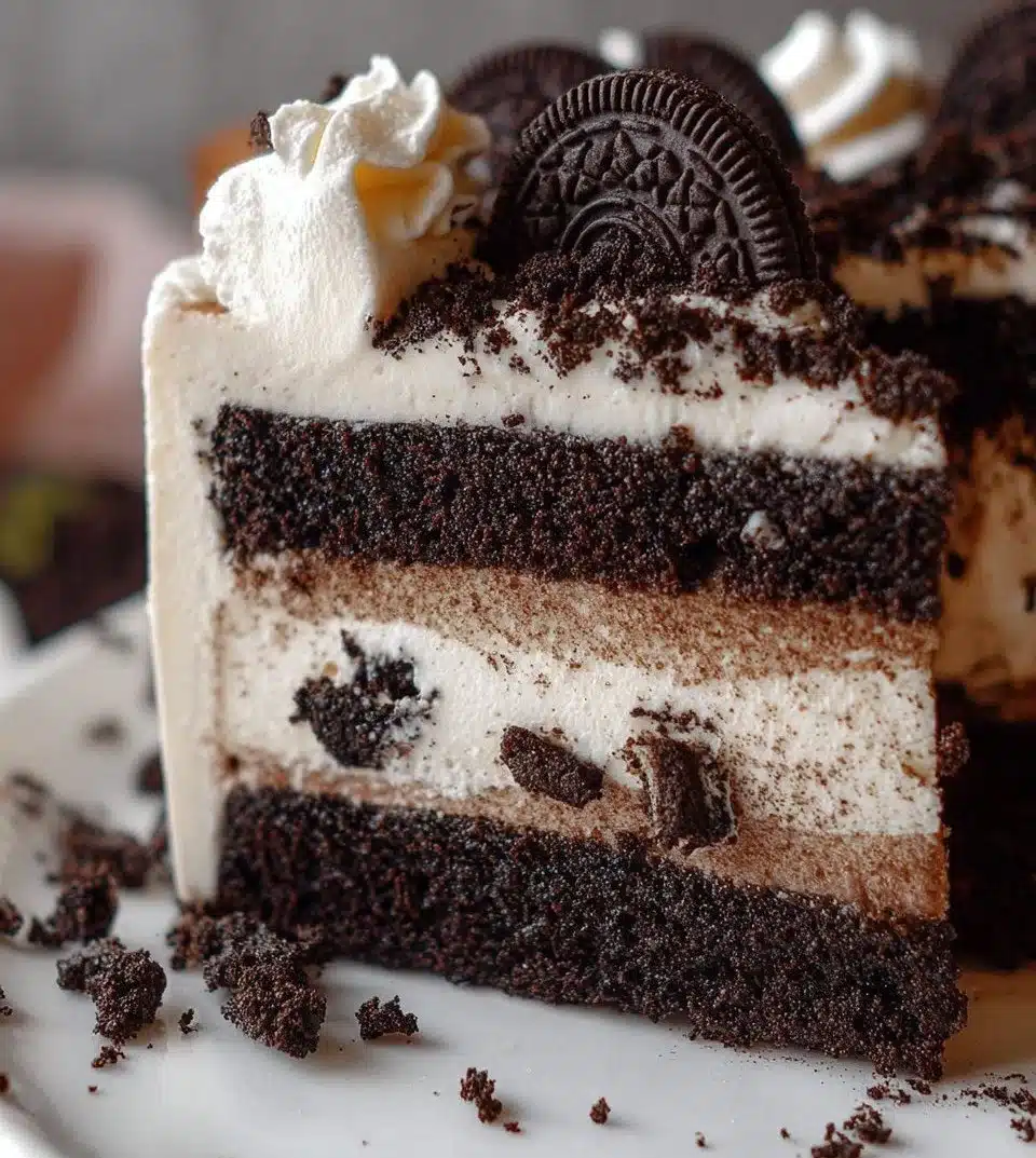 Delicious Cookies and Cream Cake topped with chocolate cookie crumbles