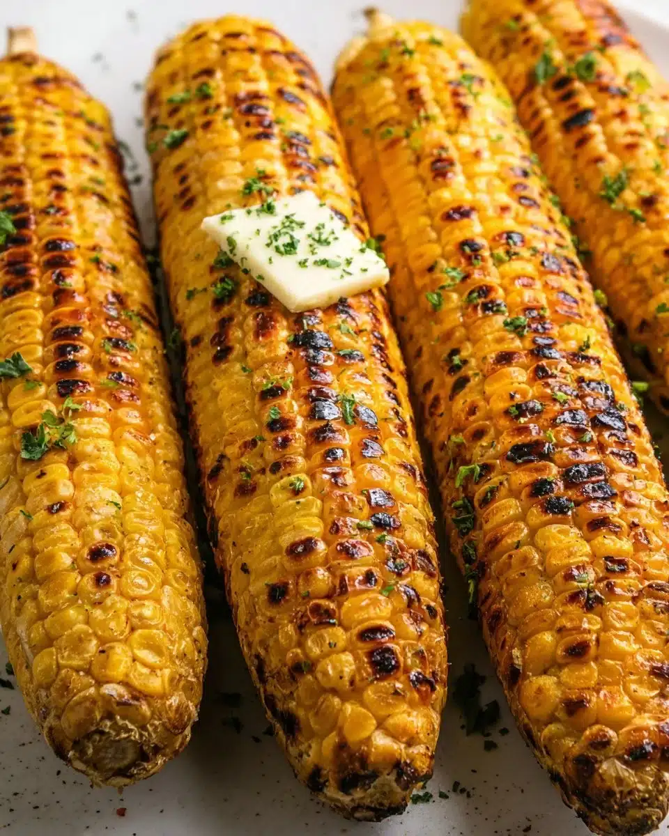 Grilled corn on the grill, showcasing deliciously charred kernels.