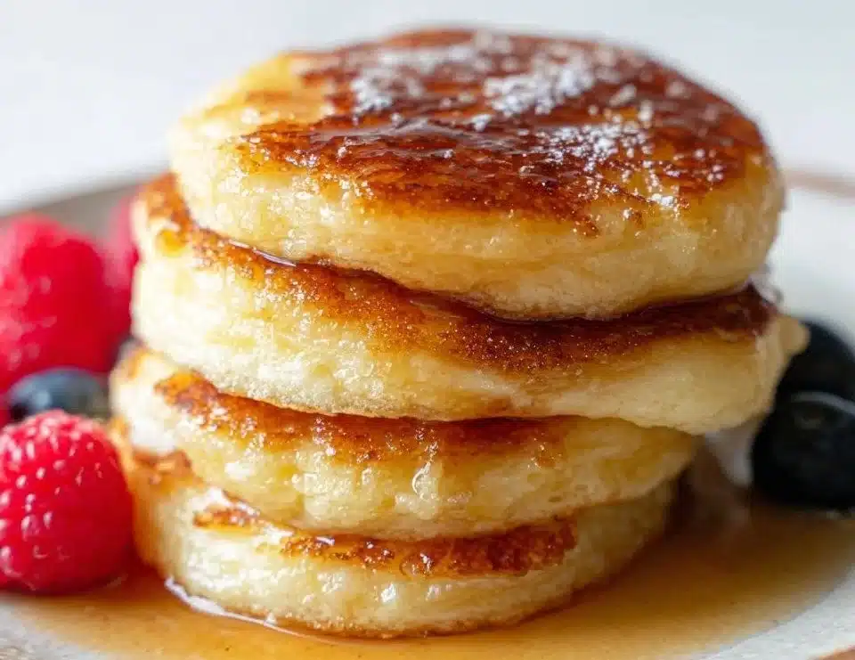 Fluffy cottage cheese pancakes topped with fresh fruit and syrup