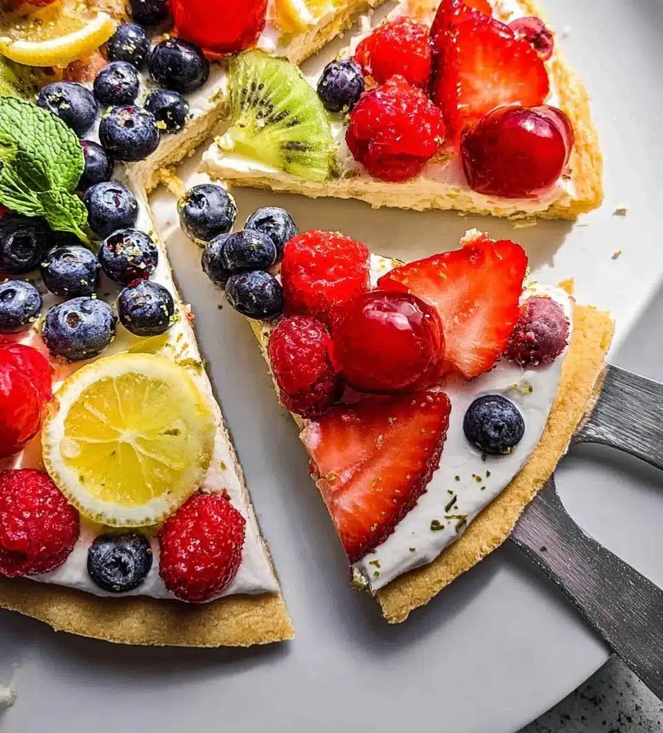 Cottage cheese protein fruit pizza topped with fresh fruits
