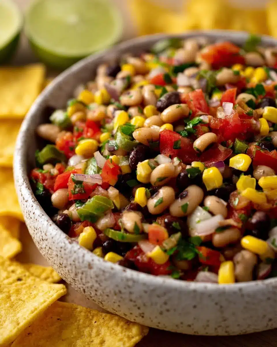 Delicious cowboy caviar served in a bowl with fresh ingredients