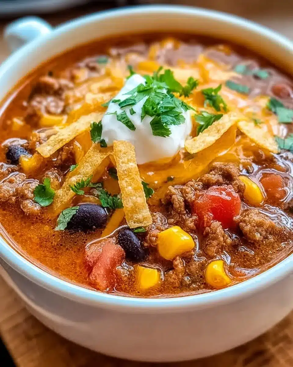 Bowl of creamy taco soup garnished with cheese and cilantro