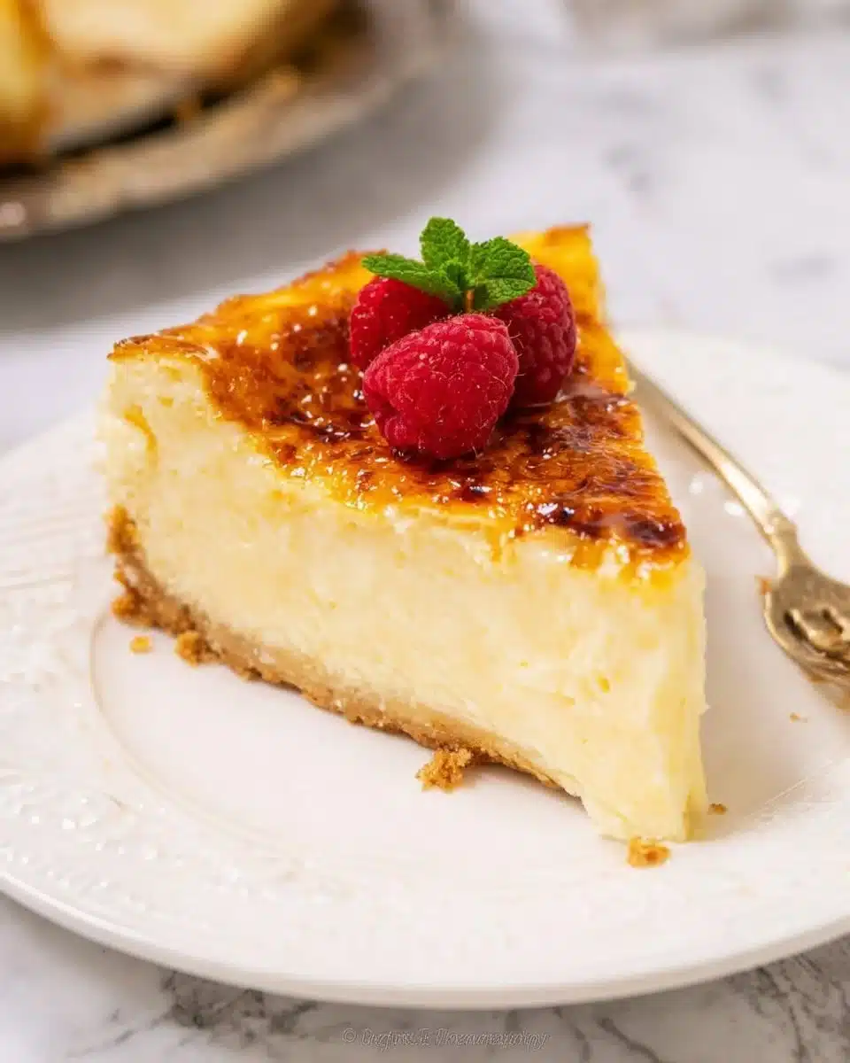 Delicious Crème Brûlée Cheesecake topped with caramelized sugar crust