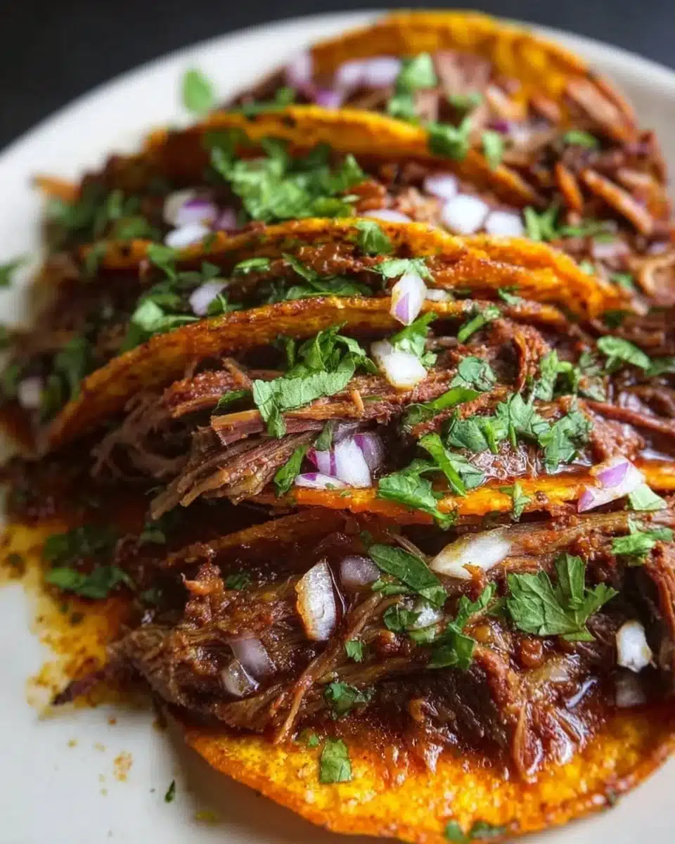 Delicious Crock Pot Birria Tacos served with toppings and sides.