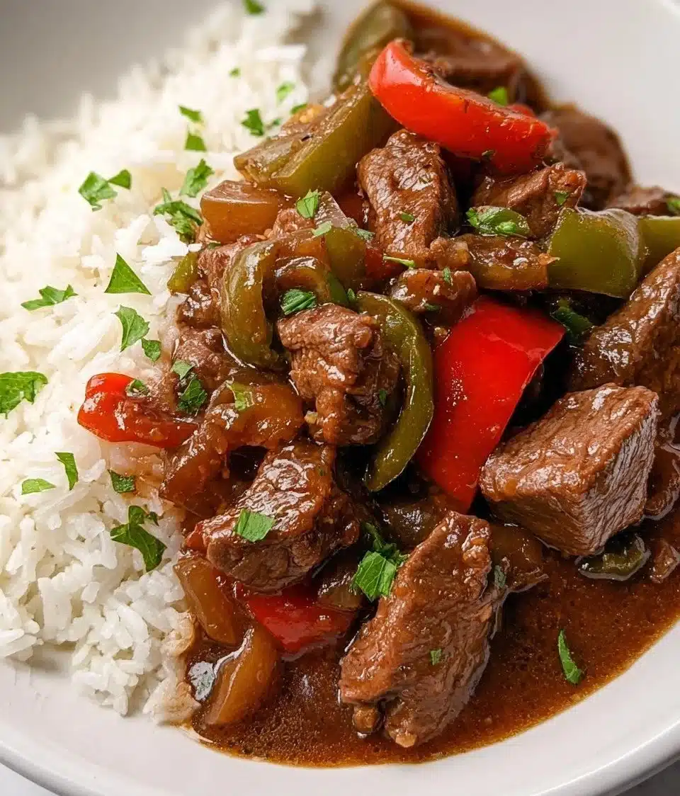 Crock Pot pepper steak served with colorful bell peppers and rice