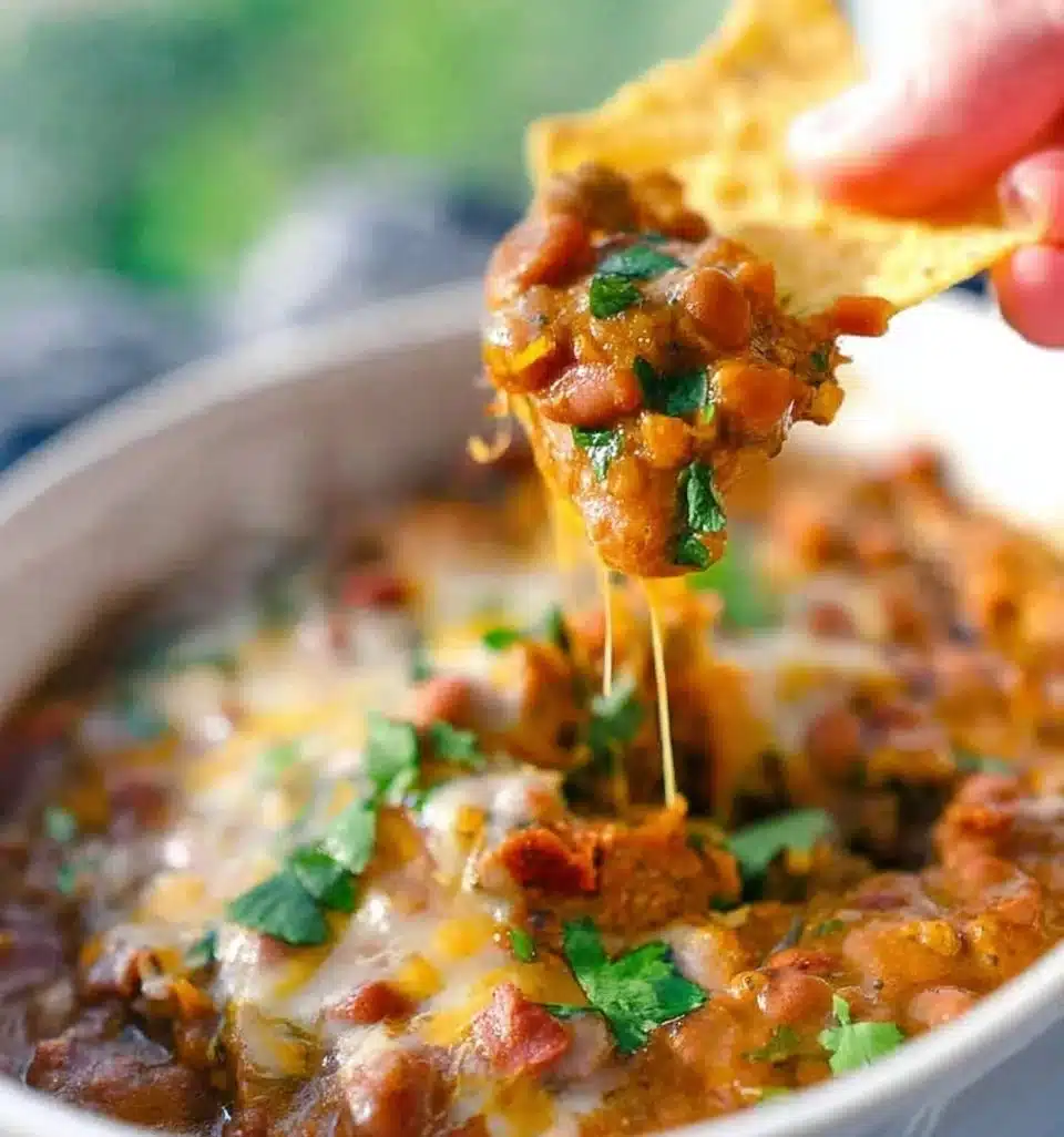 A bowl of homemade crockpot refried beans topped with cilantro.