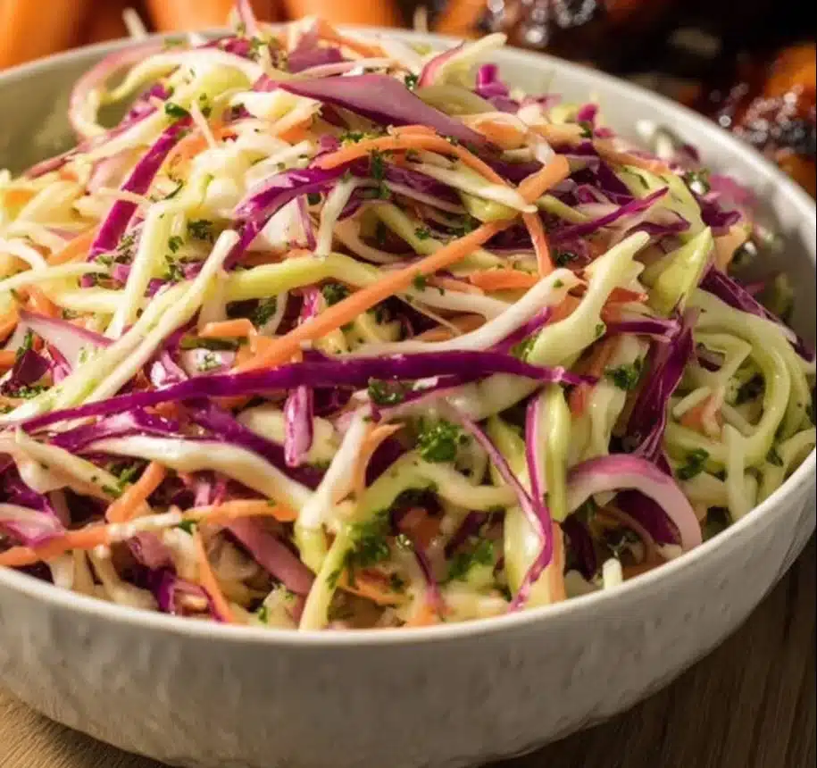 Bowl of crunchy coleslaw made with fresh cabbage and carrots