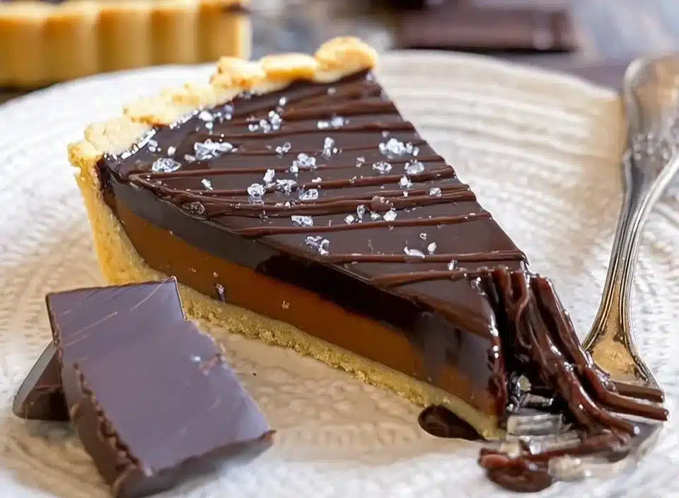 Decadent dark chocolate ganache tart topped with chocolate shavings