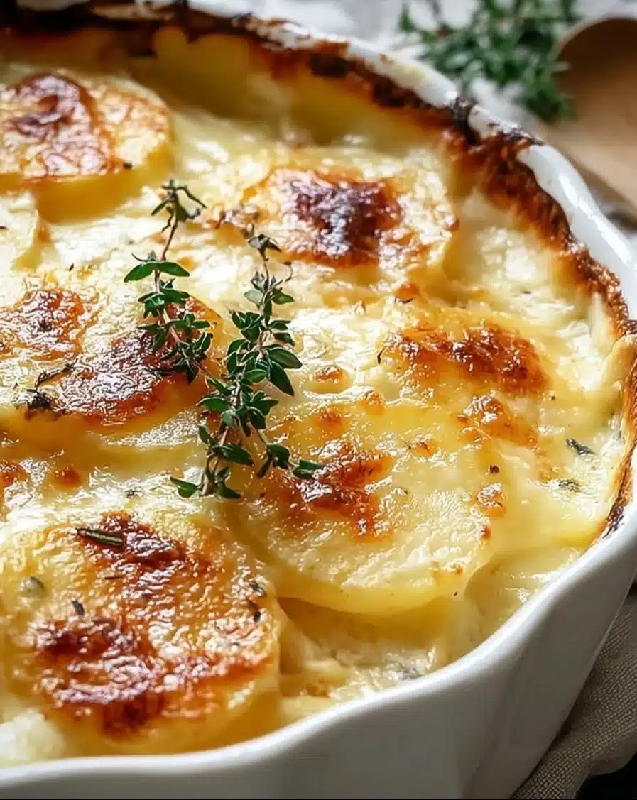 A delicious serving of Dauphinoise Potatoes, layered with cream and cheese.