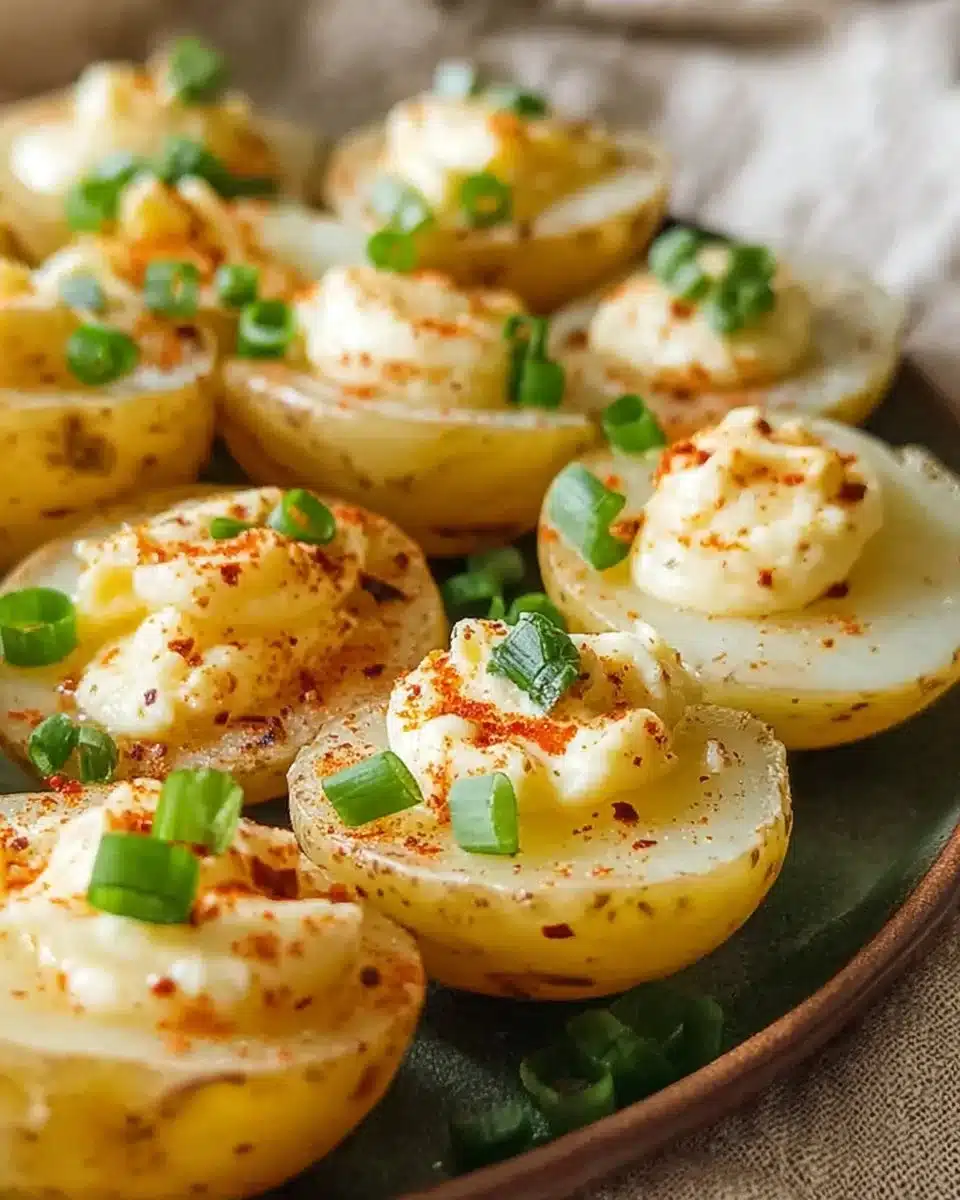 Plate of deviled potatoes topped with herbs and spices.