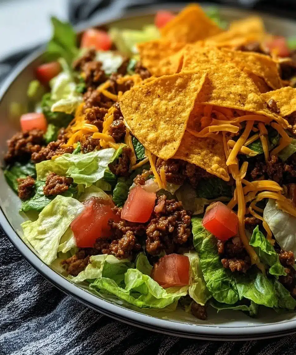Colorful Doritos Taco Salad with fresh ingredients and crispy chips.