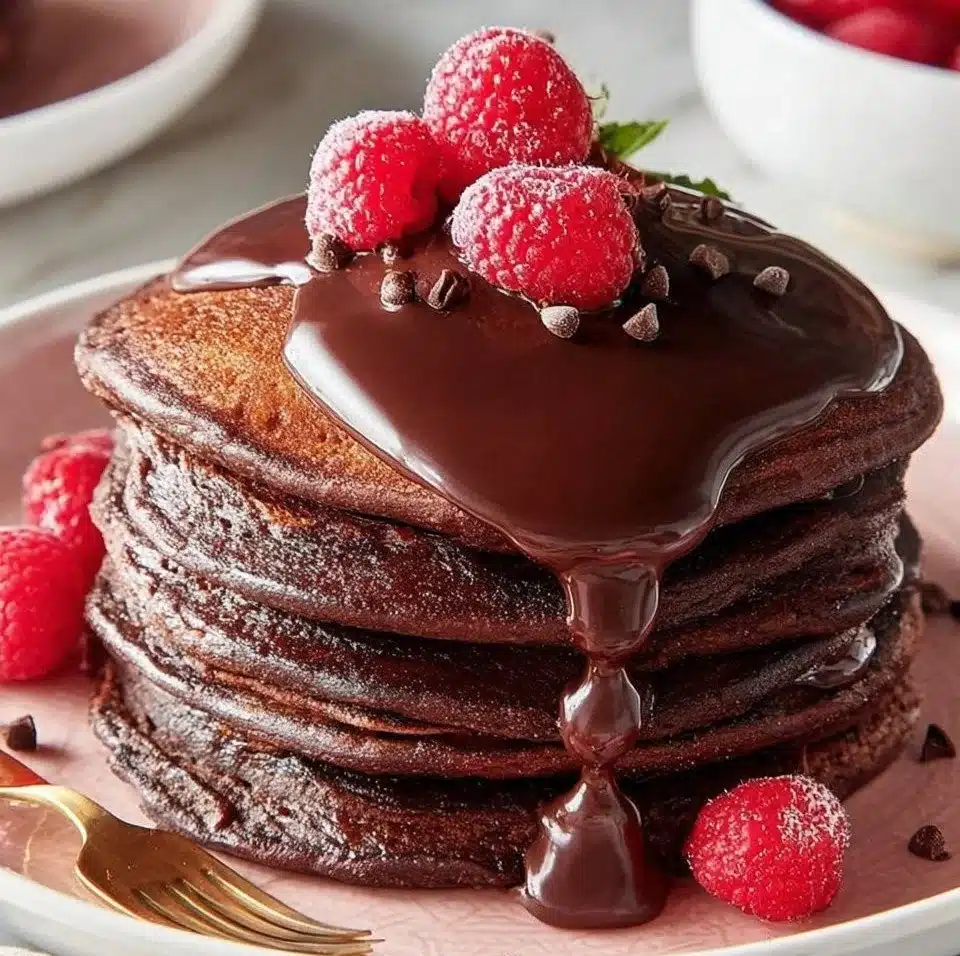 Delicious double chocolate pancakes topped with syrup and chocolate chips