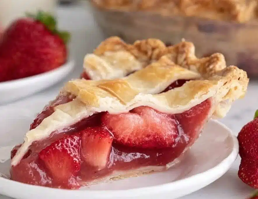 A delicious double crusted strawberry pie with fresh strawberries and flaky crust.