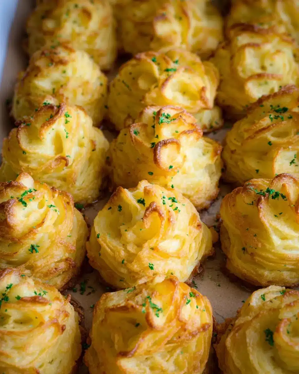 Plated Duchess Potatoes with golden edges and a fluffy texture