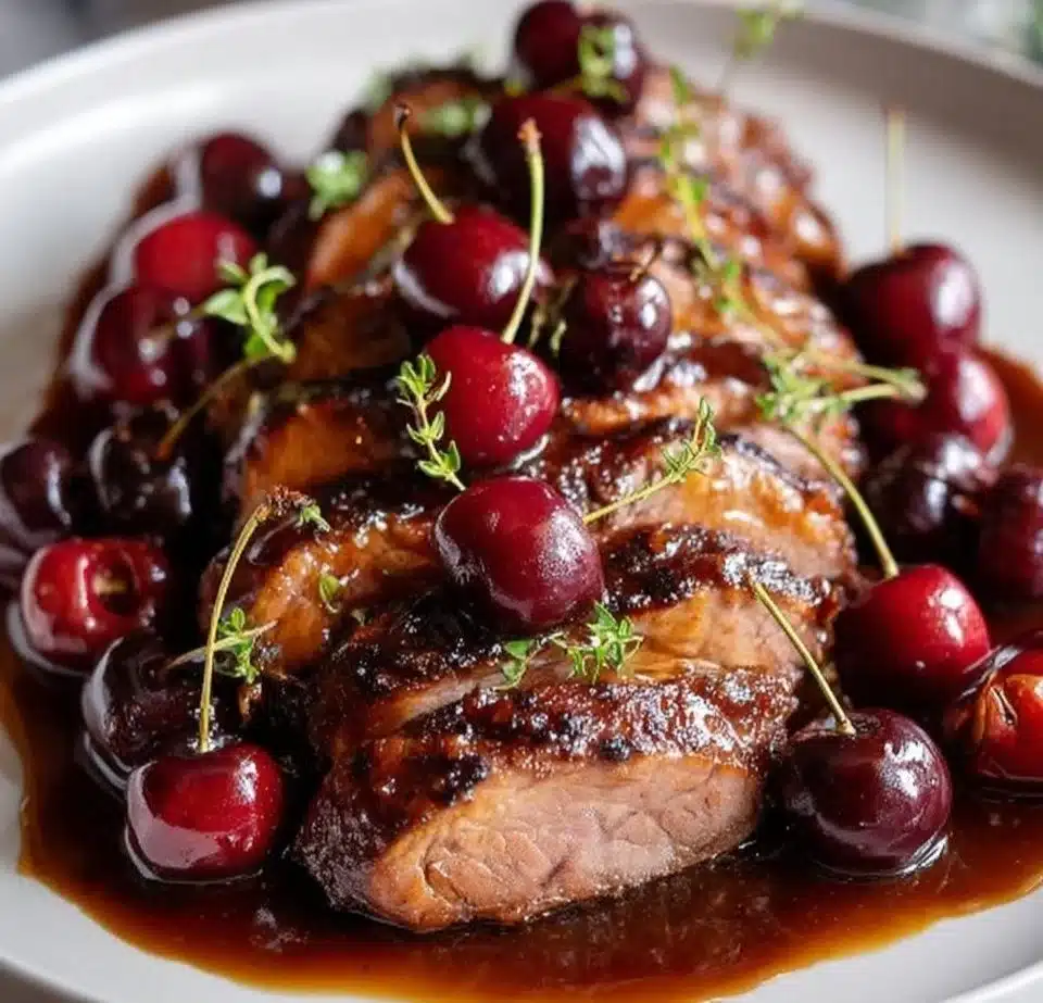 Juicy duck breast served with a rich cherry sauce, perfect for gourmet dining.
