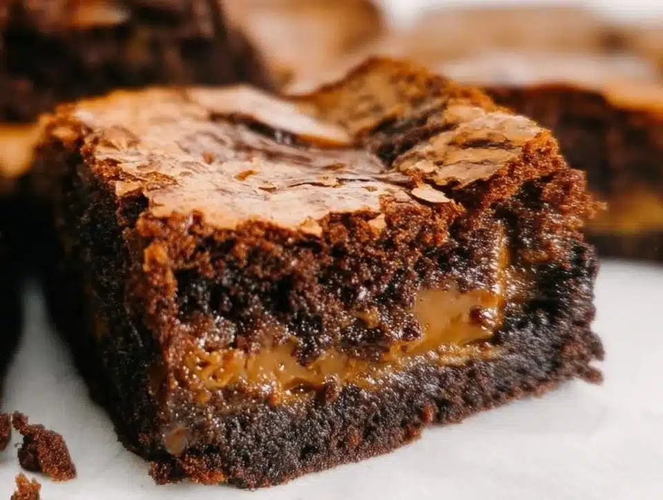 Delicious dulce de leche brownies topped with rich caramel swirls