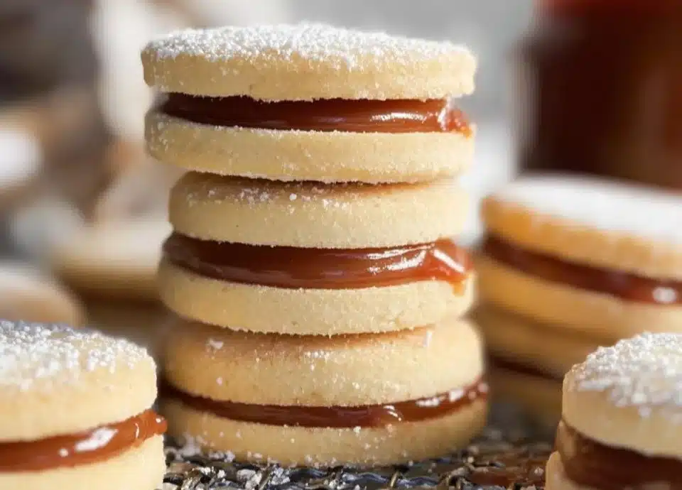 Delicious Dulce de Leche sandwich cookies stacked on a plate.