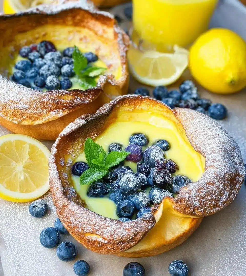 Delicious Dutch Babies with lemon and blueberries served on a plate
