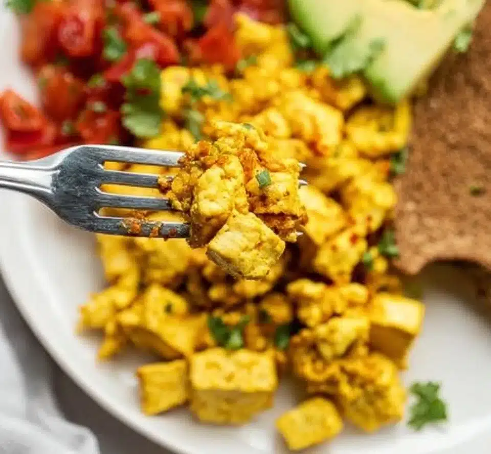 Plate of easy scrambled tofu with vegetables and herbs