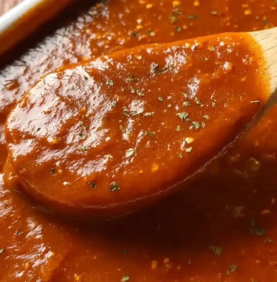 Homemade enchilada sauce in a bowl with fresh ingredients