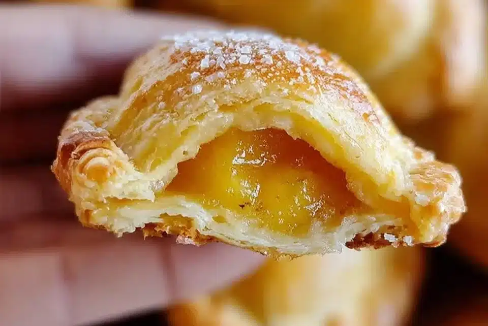 Flaky pineapple empanadas served on a plate with green leaves