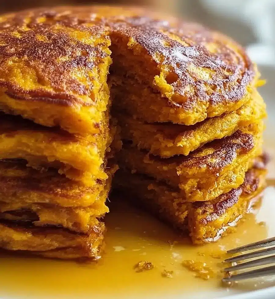 Fluffy sweet potato pancakes stacked and garnished, perfect for breakfast.