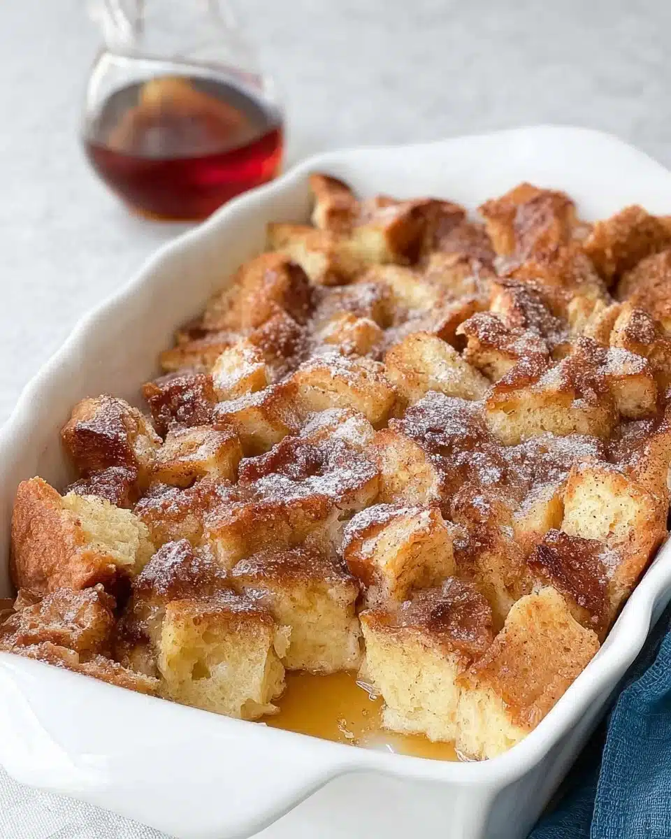 Delicious French Toast Casserole served in a baking dish with syrup and berries