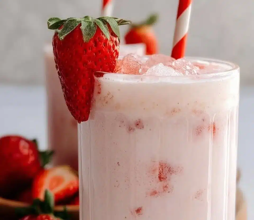 Fresh strawberry horchata served in a glass with strawberries on top