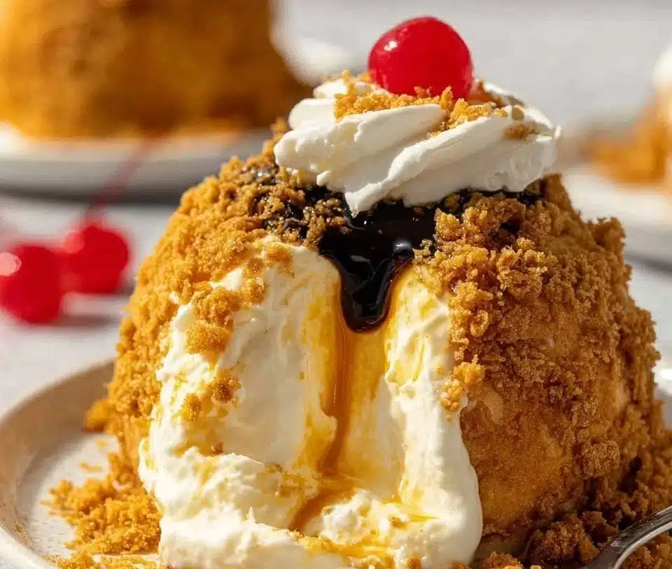 Delicious fried ice cream dessert with crunchy coating and melting ice cream inside