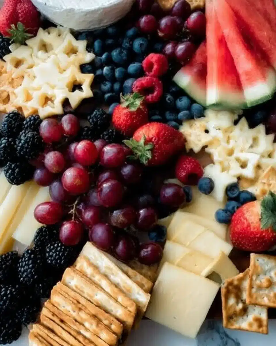 Deliciously arranged fruit cheese board with a variety of cheeses and fruits.