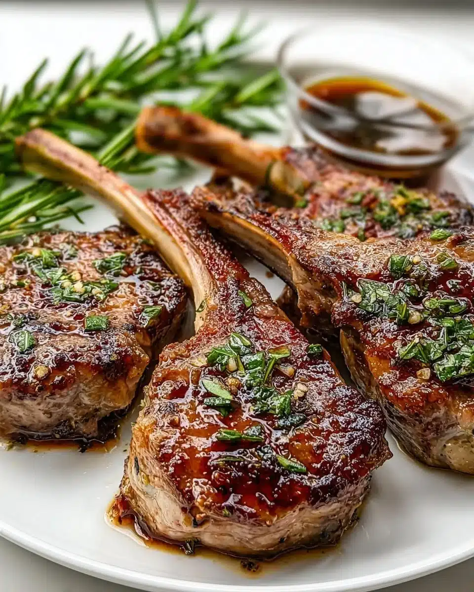 Garlic and rosemary marinated lamb chops on a serving platter
