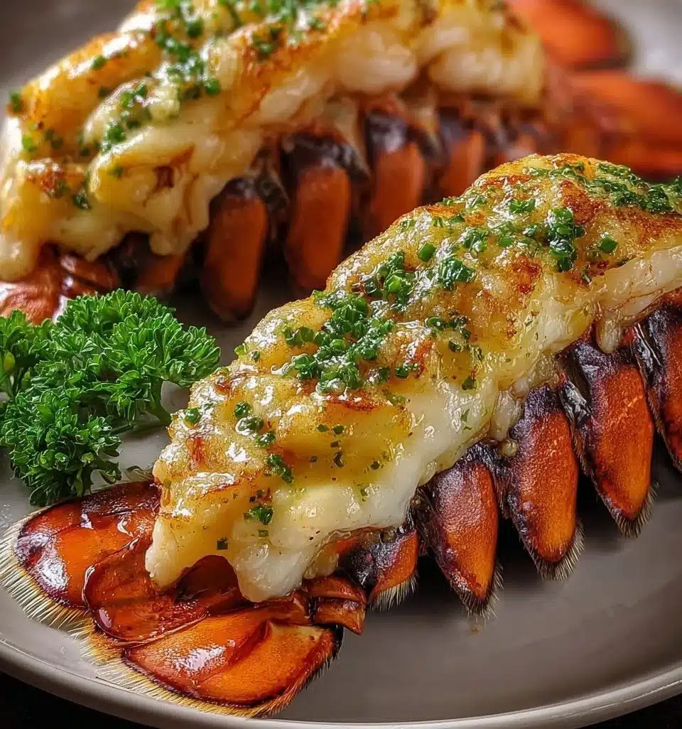 Delicious garlic butter broiled lobster tails served with lemon