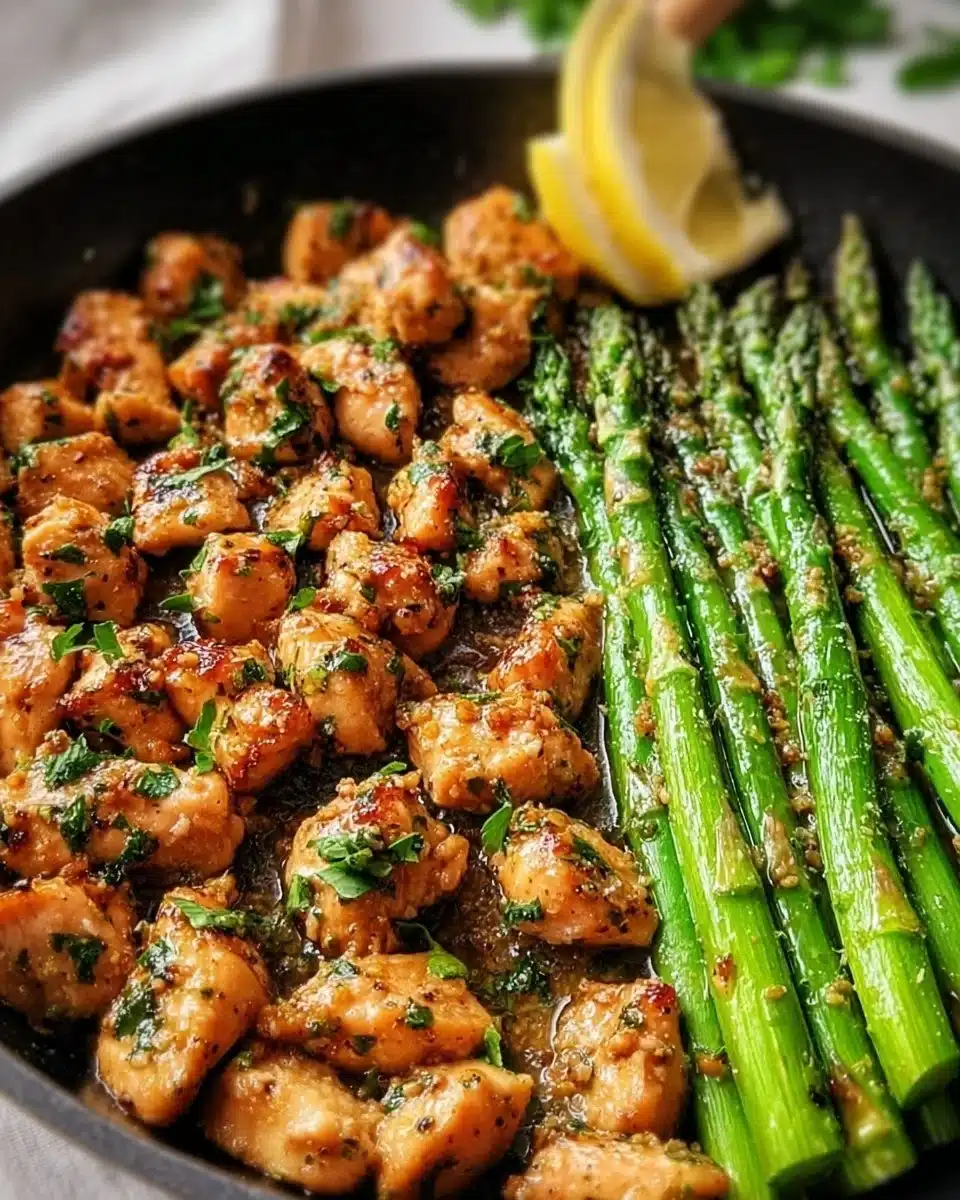Garlic Butter Chicken Bites served with fresh Asparagus