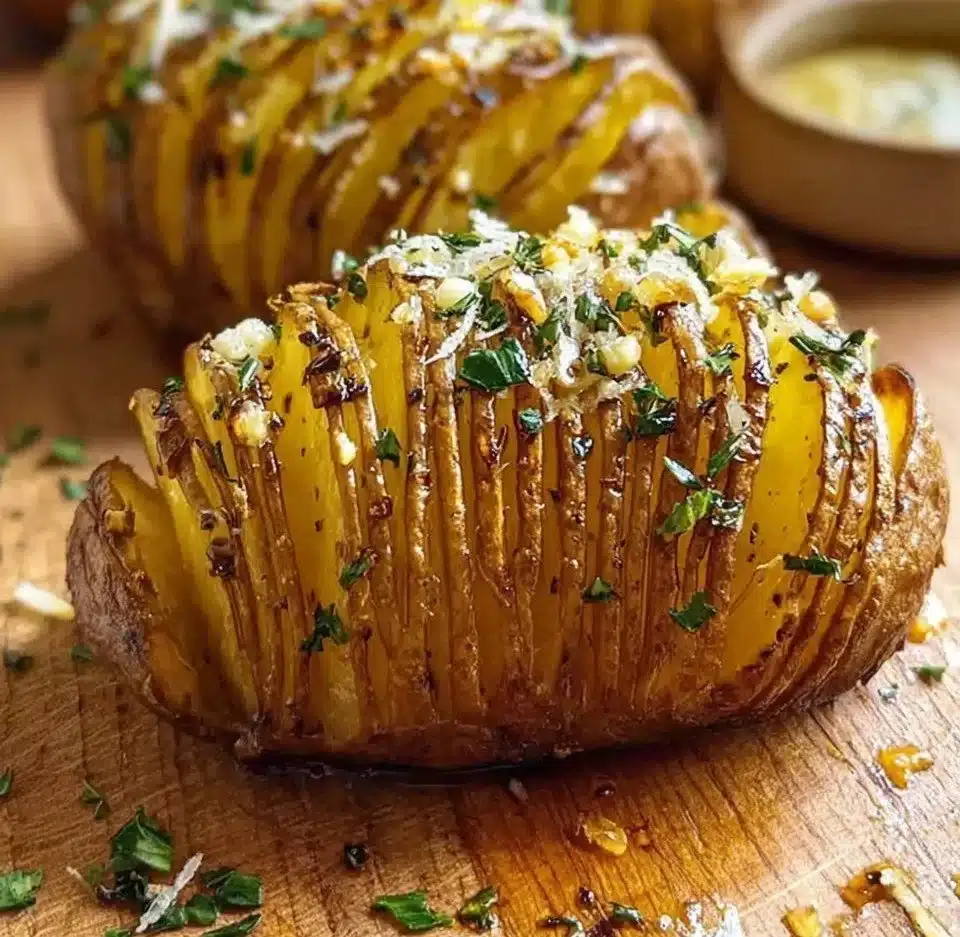 Delicious Garlic Butter Hasselback Potatoes on a serving plate