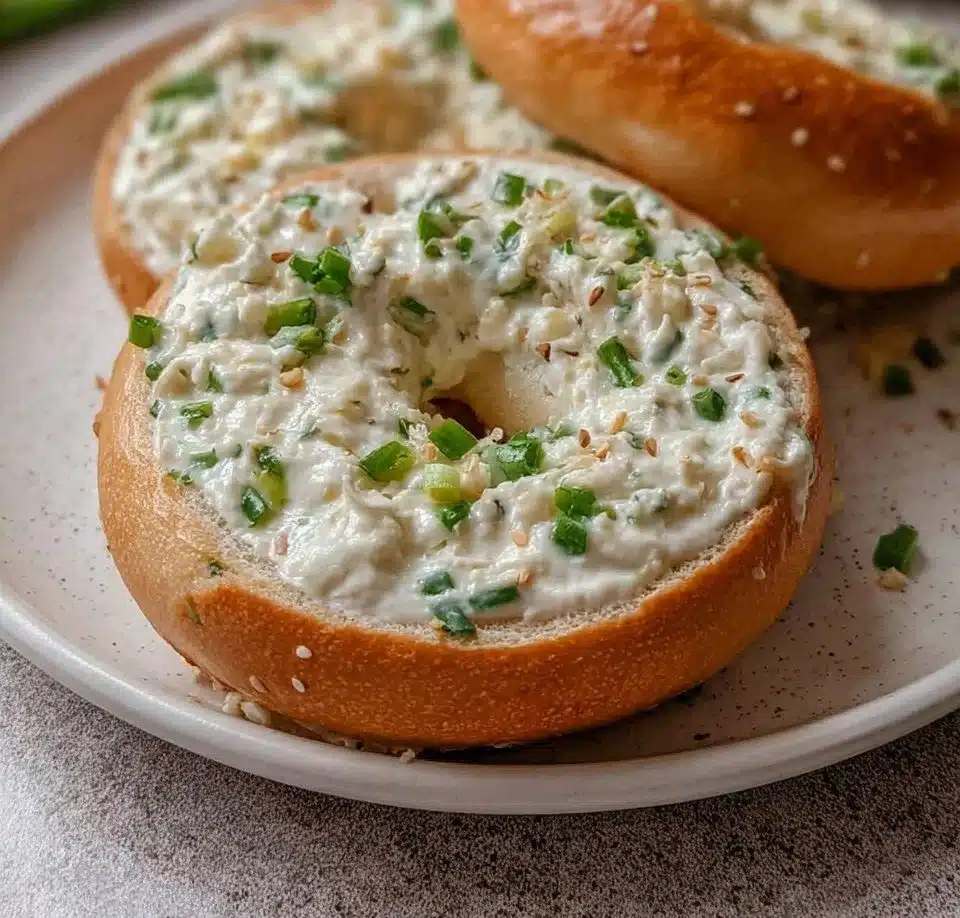 Garlic cream cheese bagels topped with fresh herbs and garlic spread
