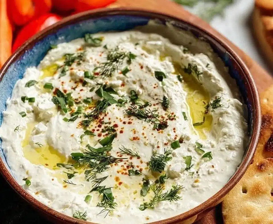 Creamy Garlic Feta Dip served in a bowl with fresh herbs