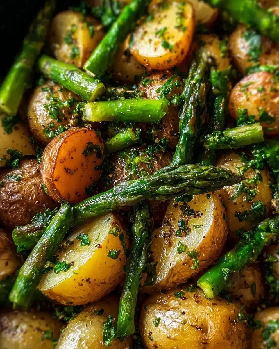 A plate of Garlic Herb Roasted Potatoes and Asparagus, beautifully cooked and seasoned.