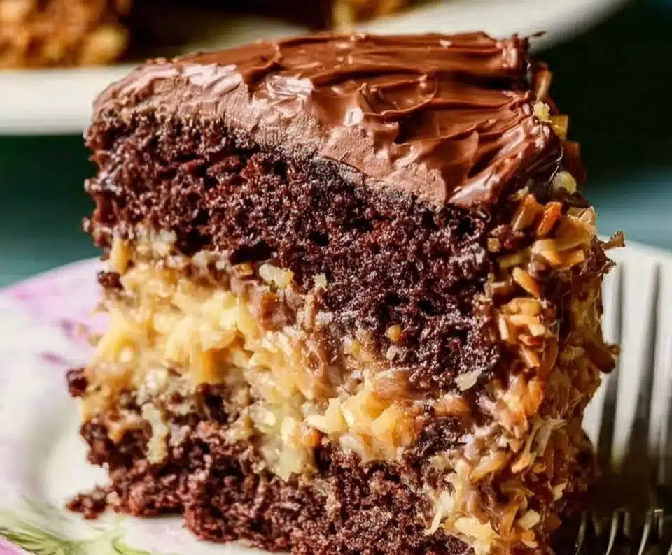 Slice of German Chocolate Cake with coconut and pecan frosting