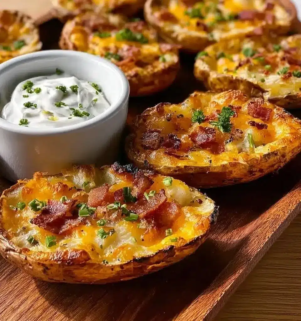 Crispy Golden Texas Roadhouse Potato Skins topped with cheese and green onions