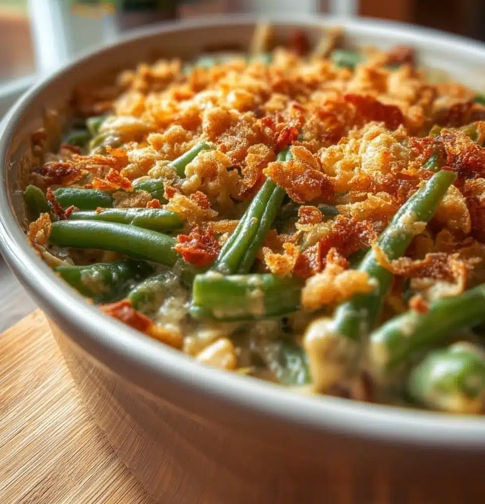 Delicious green bean casserole topped with crispy fried onions