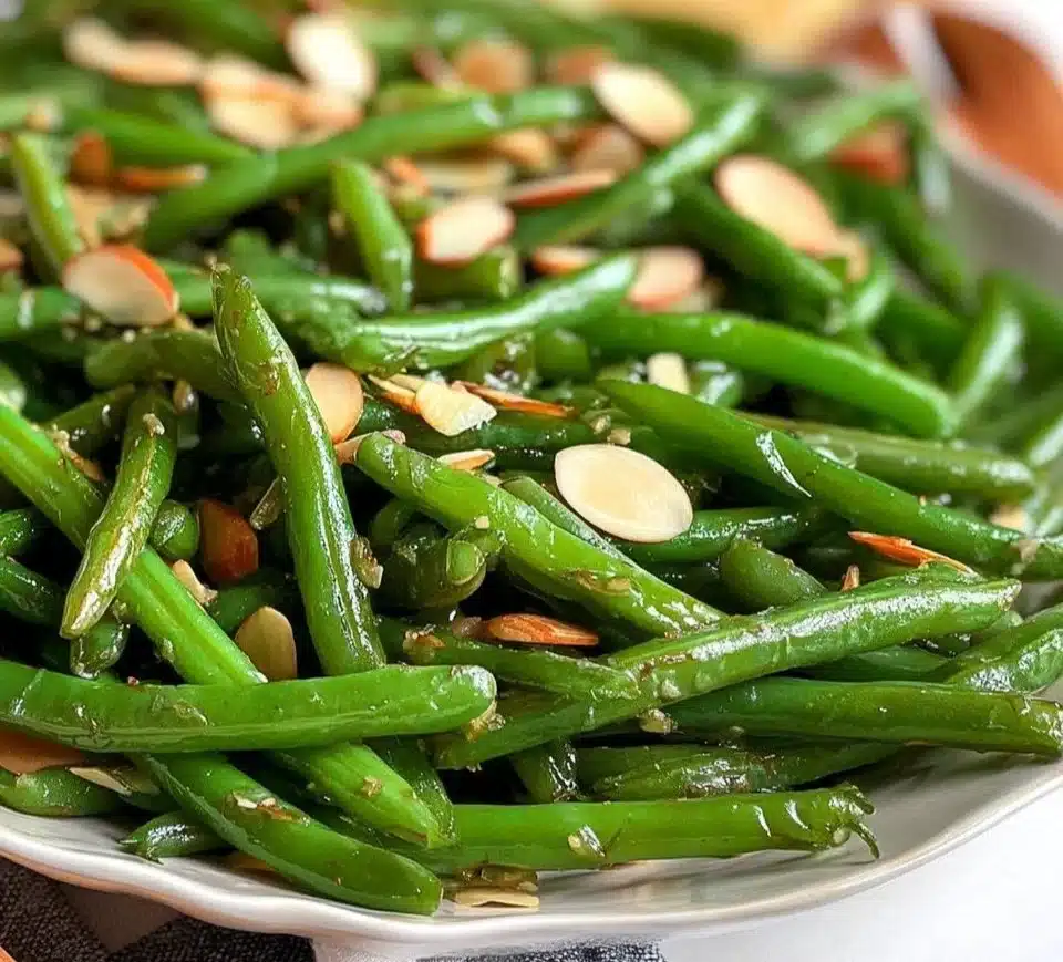 Delicious Green Beans Almondine topped with toasted almonds and lemon zest.