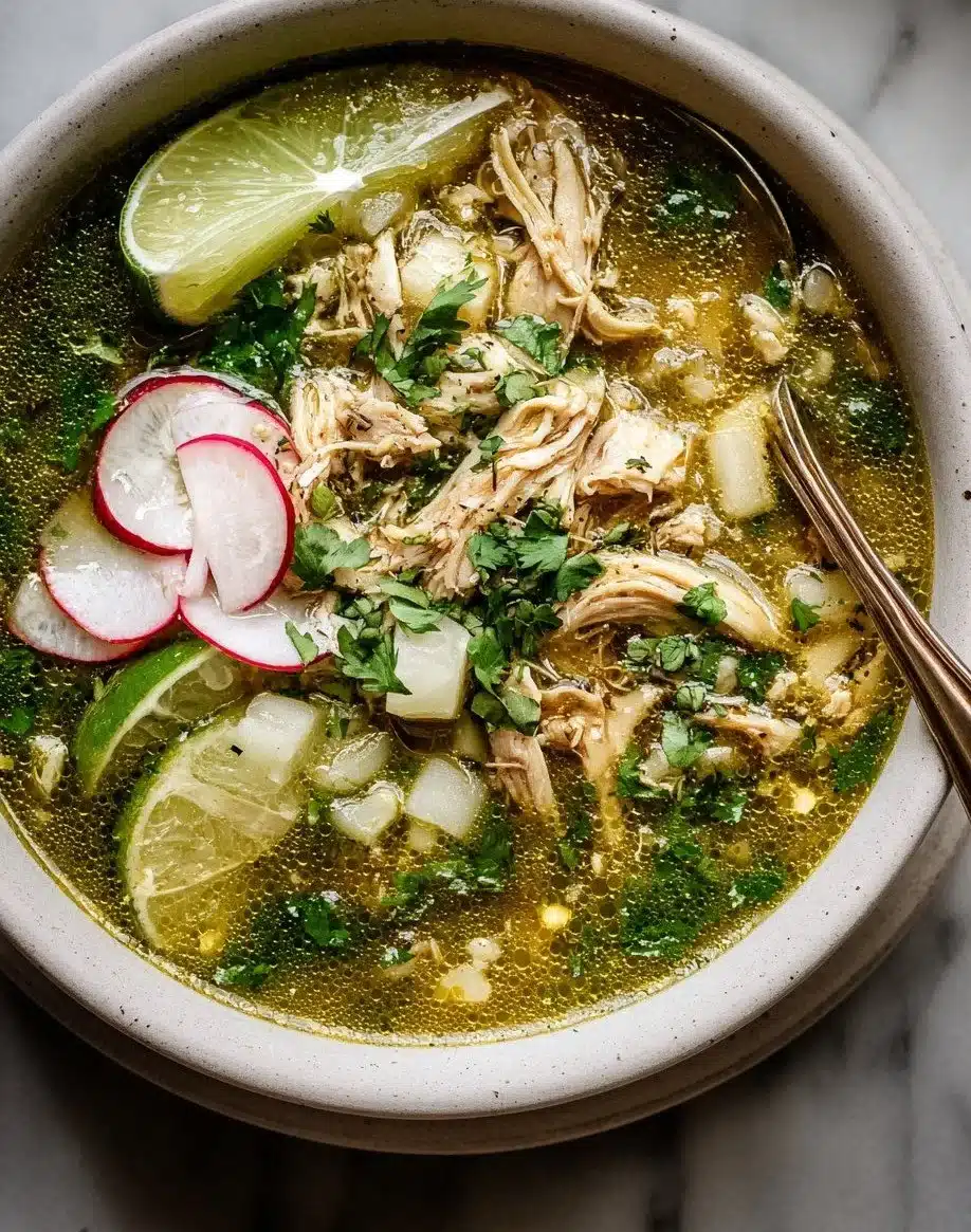 Bowl of delicious Green Chicken Pozole with toppings
