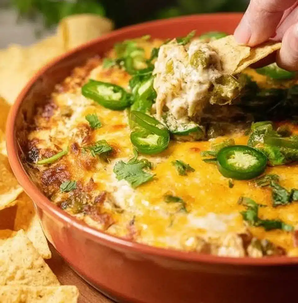 Delicious green chile chicken enchilada dip served with tortilla chips.