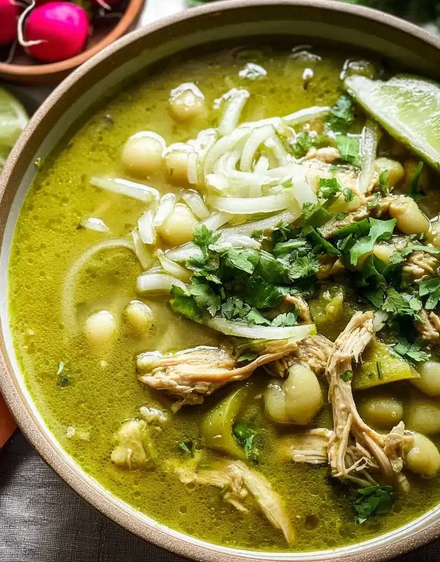 Bowl of Green Pozole garnished with radishes and cilantro