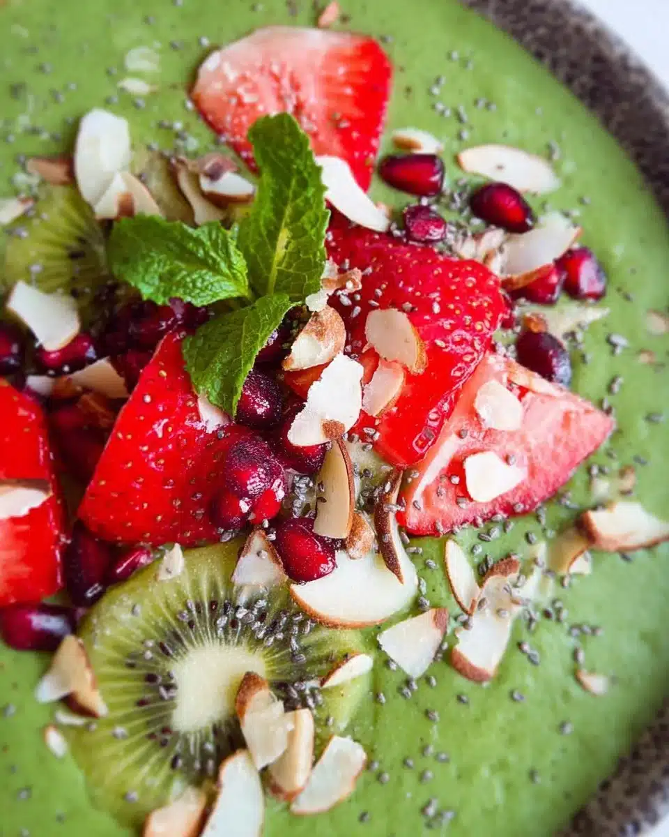 Delicious green smoothie bowl topped with fresh fruits and seeds